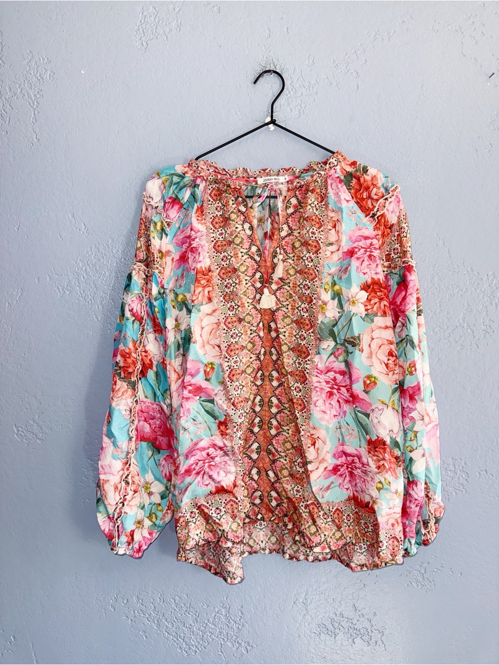 Johnny Was Boho Silk Floral Peasant Blouse - Pink & Turquoise Size Medium